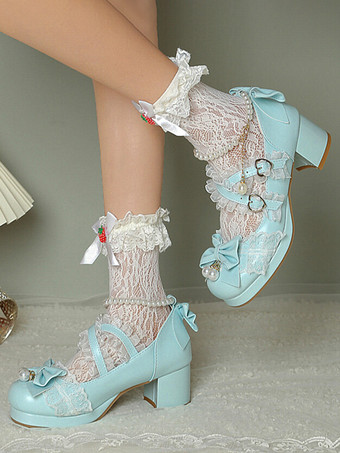 ロココ調ロリータシューズ パープルカラーブロックチェーン パールリボン ラウンドトゥ PUレザー ロリータパンプス