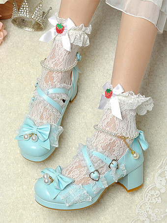 ライトスカイブルーロココ調ロリータシューズ パープルカラーブロックチェーン パールリボン ラウンドトゥ PUレザー ロリータパンプス