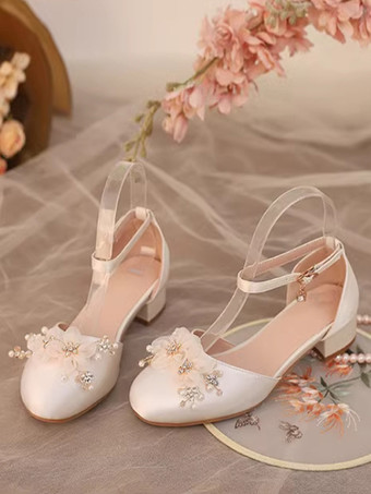 スイートロリータサンダル、花柄パール、ラウンドトゥ、シルク＆サテン、ピンクロリータサマーシューズ