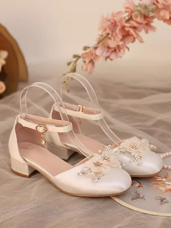 スイートロリータサンダル、花柄パール、ラウンドトゥ、シルク＆サテン、ピンクロリータサマーシューズ