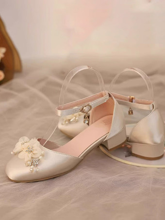 スイートロリータサンダル、花柄パール、ラウンドトゥ、シルク＆サテン、ピンクロリータサマーシューズ