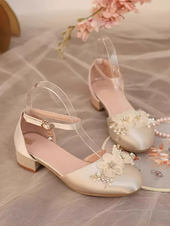 スイートロリータサンダル、花柄パール、ラウンドトゥ、シルク＆サテン、ピンクロリータサマーシューズ