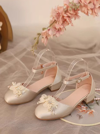 ゴールド スイートロリータサンダル、花柄パール、ラウンドトゥ、シルク＆サテン、ピンクロリータサマーシューズ