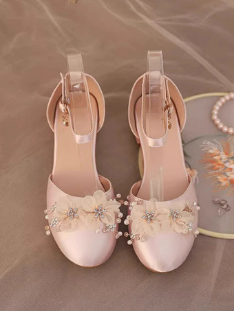 スイートロリータサンダル、花柄パール、ラウンドトゥ、シルク＆サテン、ピンクロリータサマーシューズ