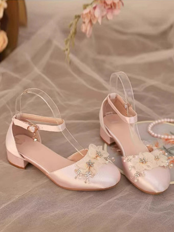 スイートロリータサンダル、花柄パール、ラウンドトゥ、シルク＆サテン、ピンクロリータサマーシューズ