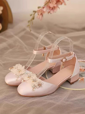 スイートロリータサンダル、花柄パール、ラウンドトゥ、シルク＆サテン、ピンクロリータサマーシューズ
