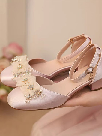 スイートロリータサンダル、花柄パール、ラウンドトゥ、シルク＆サテン、ピンクロリータサマーシューズ