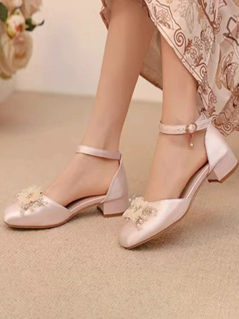ピンクスイートロリータサンダル、花柄パール、ラウンドトゥ、シルク＆サテン、ピンクロリータサマーシューズ