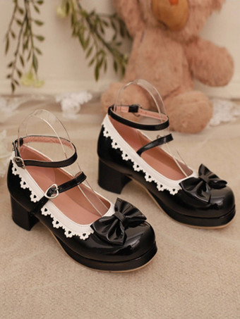 スイートロリータフットウェア レッドカラーブロックリボンフリルラウンドトゥPUレザーロリータパンプス