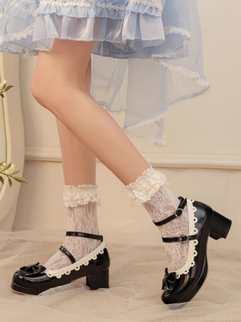 スイートロリータフットウェア レッドカラーブロックリボンフリルラウンドトゥPUレザーロリータパンプス