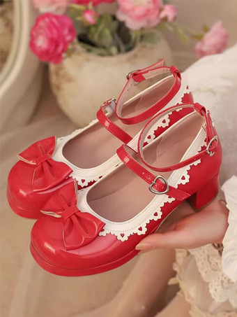 スイートロリータフットウェア レッドカラーブロックリボンフリルラウンドトゥPUレザーロリータパンプス