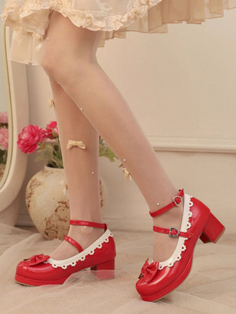 レッド スイートロリータフットウェア レッドカラーブロックリボンフリルラウンドトゥPUレザーロリータパンプス