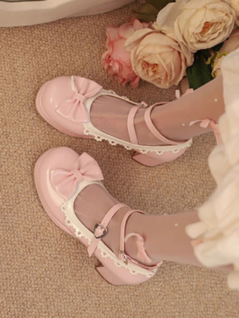 スイートロリータフットウェア レッドカラーブロックリボンフリルラウンドトゥPUレザーロリータパンプス