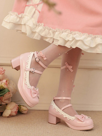 スイートロリータフットウェア レッドカラーブロックリボンフリルラウンドトゥPUレザーロリータパンプス