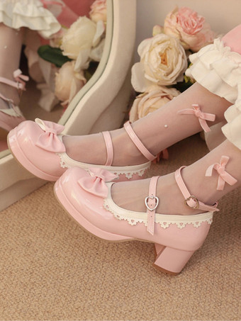 ピンクスイートロリータフットウェア レッドカラーブロックリボンフリルラウンドトゥPUレザーロリータパンプス