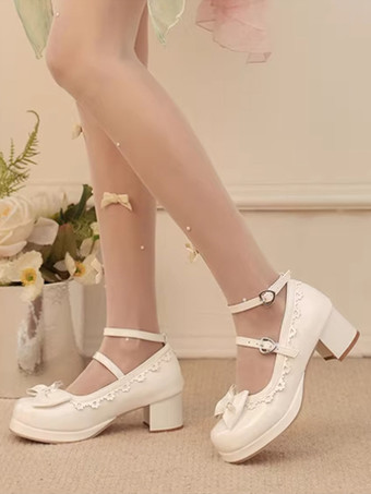 スイートロリータフットウェア レッドカラーブロックリボンフリルラウンドトゥPUレザーロリータパンプス