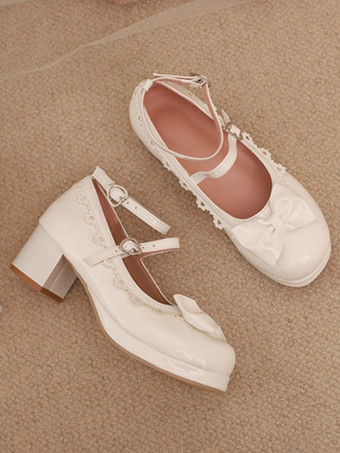 スイートロリータフットウェア レッドカラーブロックリボンフリルラウンドトゥPUレザーロリータパンプス