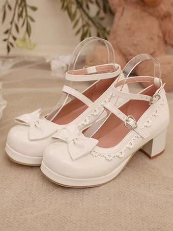 スイートロリータフットウェア レッドカラーブロックリボンフリルラウンドトゥPUレザーロリータパンプス