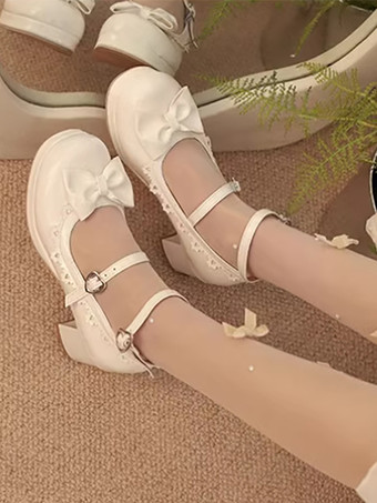 ホワイト スイートロリータフットウェア レッドカラーブロックリボンフリルラウンドトゥPUレザーロリータパンプス