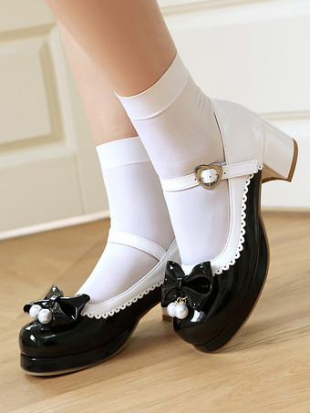 スイートロリータフットウェア パープルカラーブロックパールリボン ラウンドトゥ PUレザーロリータシューズ