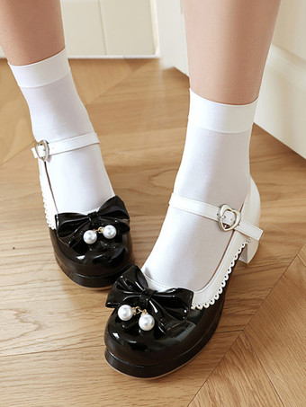 ブラック スイートロリータフットウェア パープルカラーブロックパールリボン ラウンドトゥ PUレザーロリータシューズ