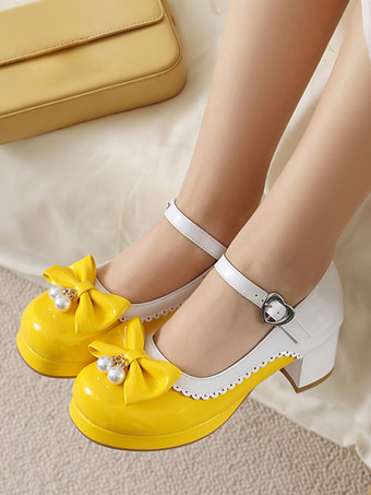 イエロースイートロリータフットウェア パープルカラーブロックパールリボン ラウンドトゥ PUレザーロリータシューズ