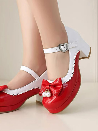 スイートロリータフットウェア パープルカラーブロックパールリボン ラウンドトゥ PUレザーロリータシューズ