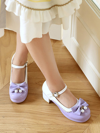 スイートロリータフットウェア パープルカラーブロックパールリボン ラウンドトゥ PUレザーロリータシューズ