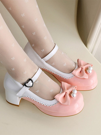 スイートロリータフットウェア パープルカラーブロックパールリボン ラウンドトゥ PUレザーロリータシューズ