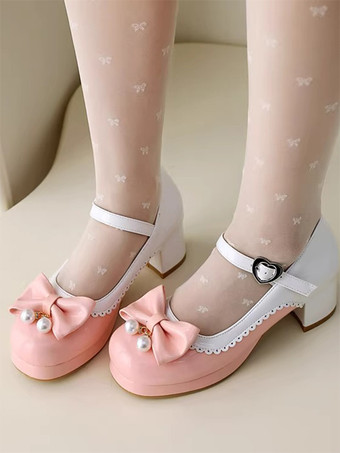 ピンクスイートロリータフットウェア パープルカラーブロックパールリボン ラウンドトゥ PUレザーロリータシューズ