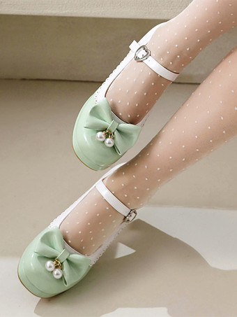 スイートロリータフットウェア パープルカラーブロックパールリボン ラウンドトゥ PUレザーロリータシューズ