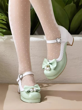 スイートロリータフットウェア パープルカラーブロックパールリボン ラウンドトゥ PUレザーロリータシューズ