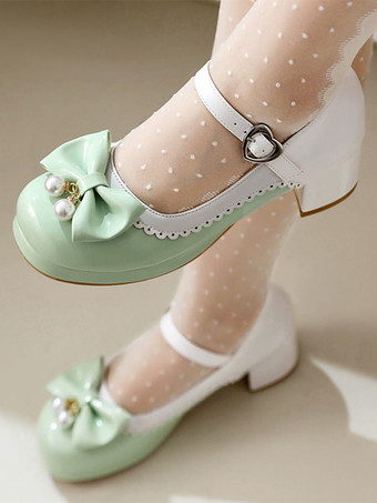 ライトグリーン スイートロリータフットウェア パープルカラーブロックパールリボン ラウンドトゥ PUレザーロリータシューズ