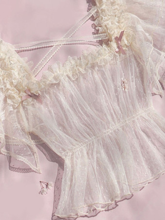 スイートロリータブラウス ホワイト 半袖 ロリータトップス リボン フリル ロリータシャツ