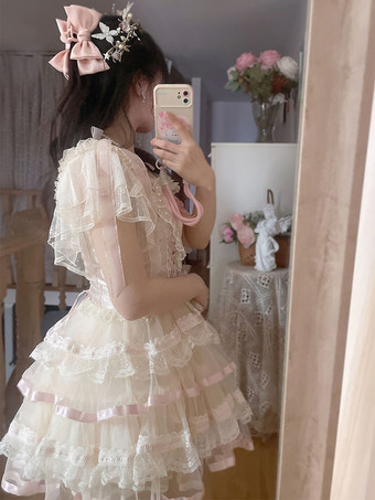 スイートロリータブラウス ホワイト 半袖 ロリータトップス リボン フリル ロリータシャツ