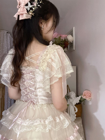 スイートロリータブラウス ホワイト 半袖 ロリータトップス リボン フリル ロリータシャツ