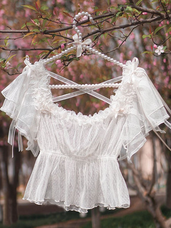 スイートロリータブラウス ホワイト 半袖 ロリータトップス リボン フリル ロリータシャツ