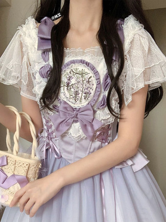 ホワイト スイートロリータブラウス ホワイト 半袖 ロリータトップス リボン フリル ロリータシャツ