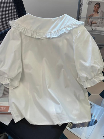 スイートロリータブラウス ホワイト 半袖 フリル リボン ロリータトップ ロリータシャツ