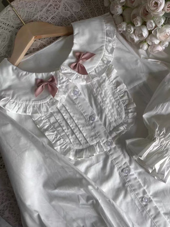 スイートロリータブラウス ホワイト 半袖 フリル リボン ロリータトップ ロリータシャツ