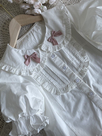 スイートロリータブラウス ホワイト 半袖 フリル リボン ロリータトップ ロリータシャツ