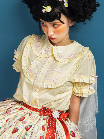 イエロースイートロリータブラウス ホワイト 半袖 ロリータトップス フリル リボン ロリータシャツ