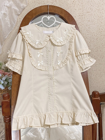 アイボリー スイートロリータブラウス ホワイト 半袖 ロリータトップス フリル リボン ロリータシャツ