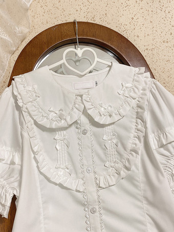 スイートロリータブラウス ホワイト 半袖 ロリータトップス フリル リボン ロリータシャツ