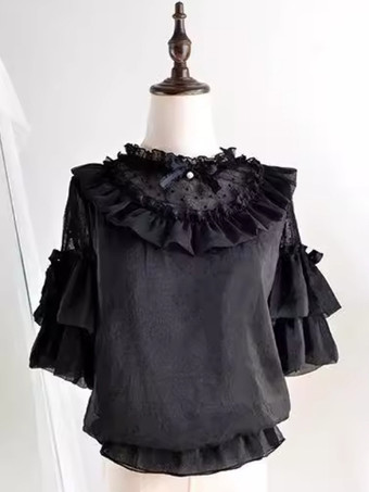 ゴシックロリータブラウス ホワイト 半袖 レースリボン ロリータトップス レースロリータシャツ