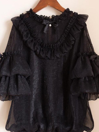 ブラック ゴシックロリータブラウス ホワイト 半袖 レースリボン ロリータトップス レースロリータシャツ