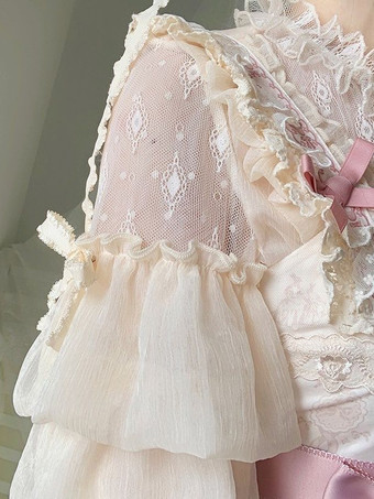 アイボリー ゴシックロリータブラウス ホワイト 半袖 レースリボン ロリータトップス レースロリータシャツ