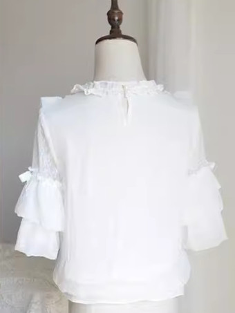 ゴシックロリータブラウス ホワイト 半袖 レースリボン ロリータトップス レースロリータシャツ