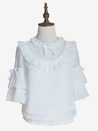 ゴシックロリータブラウス ホワイト 半袖 レースリボン ロリータトップス レースロリータシャツ