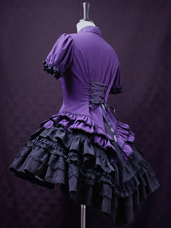 ゴシックロリータブラウス ロリータトップス パープル 半袖 フリル レース レースロリータシャツ